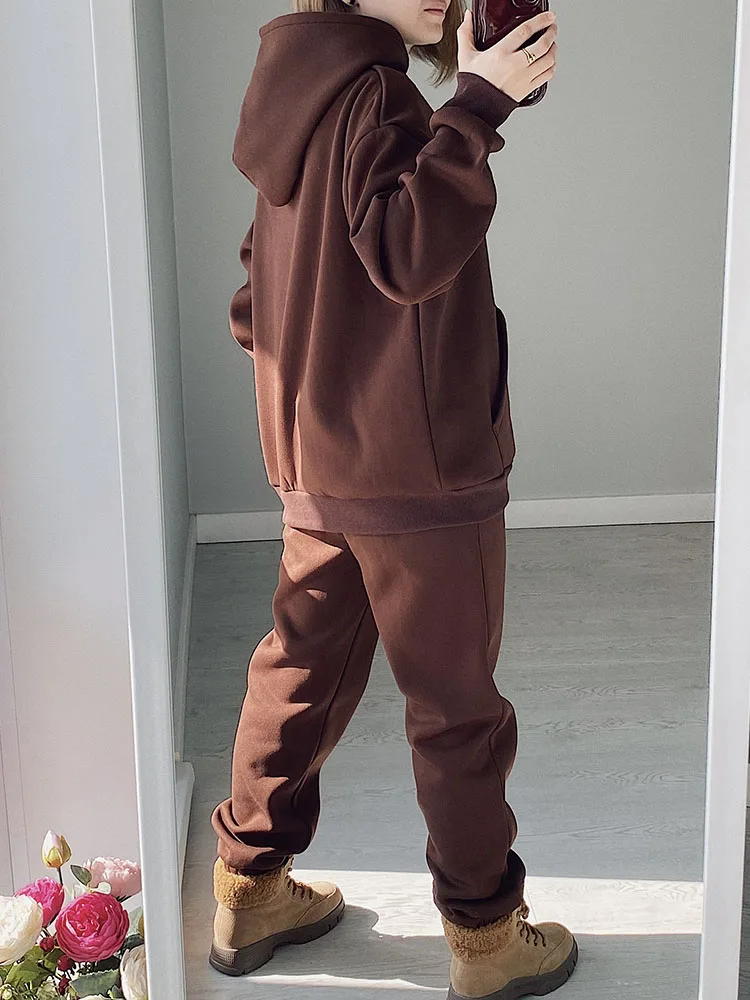 Gray Warm Fleece Suit For Women Winter Thick Velvet Pants Sets Sweatpants Sweatshirt Ladies Warrn Tracksuit Women Two Piece Set