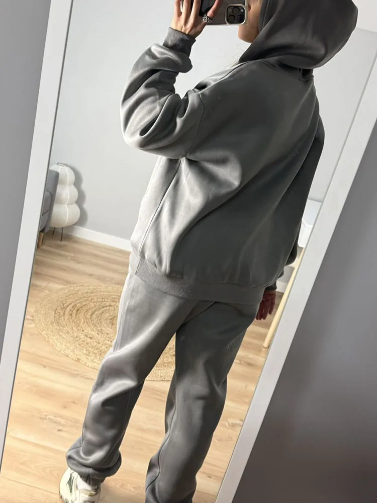 Gray Warm Fleece Suit For Women Winter Thick Velvet Pants Sets Sweatpants Sweatshirt Ladies Warrn Tracksuit Women Two Piece Set