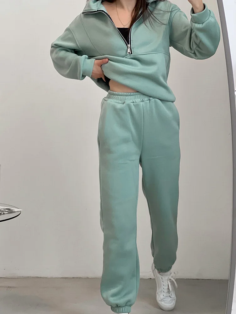 Gray Warm Fleece Suit For Women Winter Thick Velvet Pants Sets Sweatpants Sweatshirt Ladies Warrn Tracksuit Women Two Piece Set