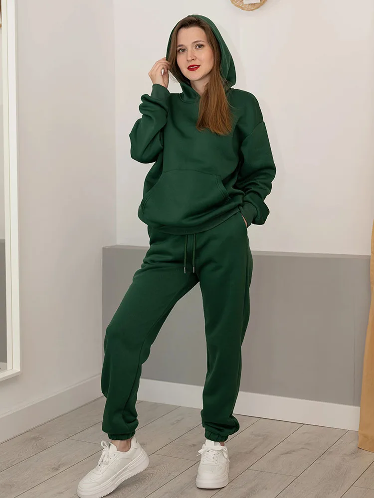 Gray Warm Fleece Suit For Women Winter Thick Velvet Pants Sets Sweatpants Sweatshirt Ladies Warrn Tracksuit Women Two Piece Set