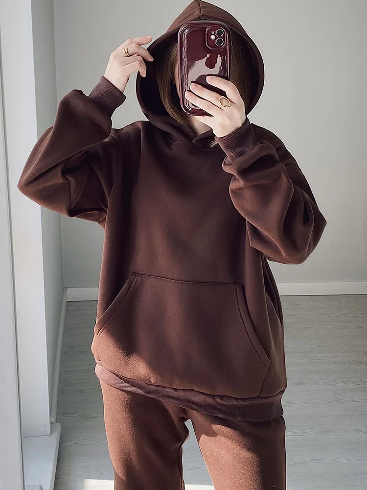Gray Warm Fleece Suit For Women Winter Thick Velvet Pants Sets Sweatpants Sweatshirt Ladies Warrn Tracksuit Women Two Piece Set