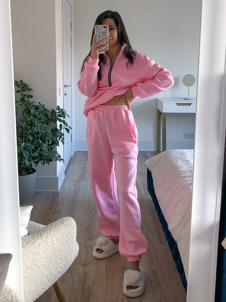 Gray Warm Fleece Suit For Women Winter Thick Velvet Pants Sets Sweatpants Sweatshirt Ladies Warrn Tracksuit Women Two Piece Set