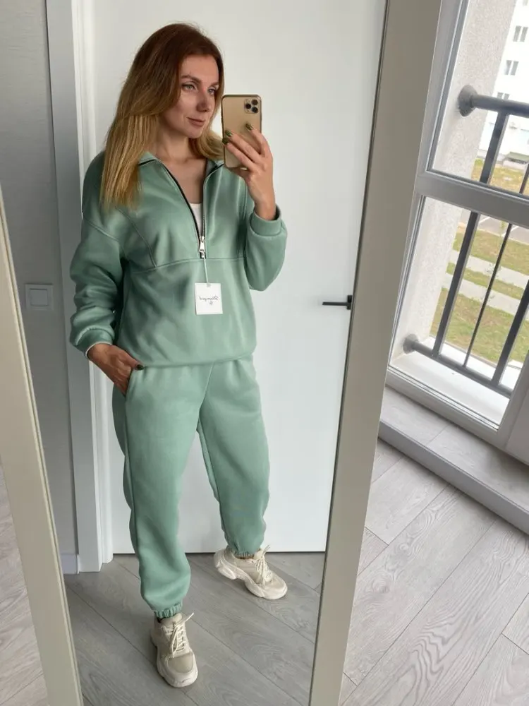 Gray Warm Fleece Suit For Women Winter Thick Velvet Pants Sets Sweatpants Sweatshirt Ladies Warrn Tracksuit Women Two Piece Set