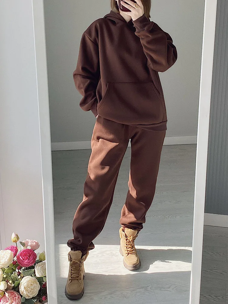 Gray Warm Fleece Suit For Women Winter Thick Velvet Pants Sets Sweatpants Sweatshirt Ladies Warrn Tracksuit Women Two Piece Set