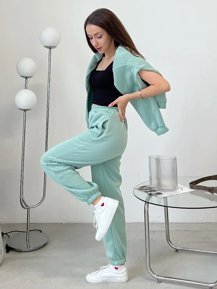 Gray Warm Fleece Suit For Women Winter Thick Velvet Pants Sets Sweatpants Sweatshirt Ladies Warrn Tracksuit Women Two Piece Set