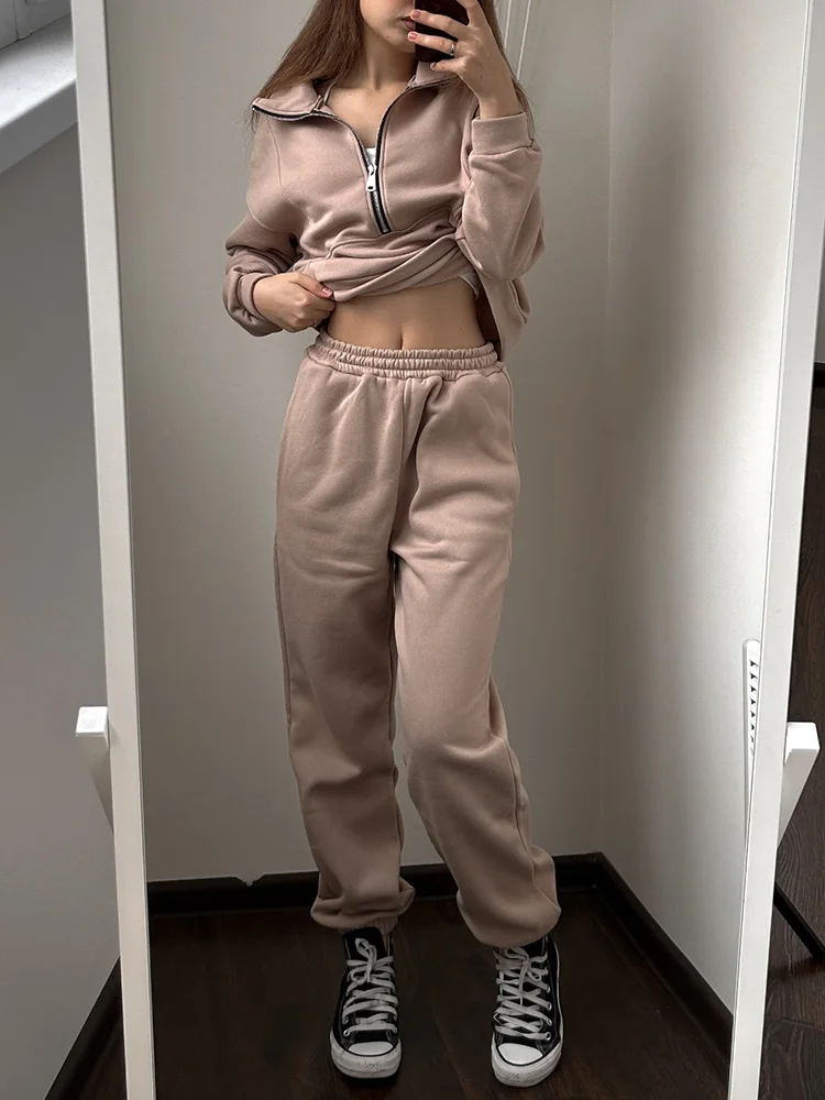 Gray Warm Fleece Suit For Women Winter Thick Velvet Pants Sets Sweatpants Sweatshirt Ladies Warrn Tracksuit Women Two Piece Set