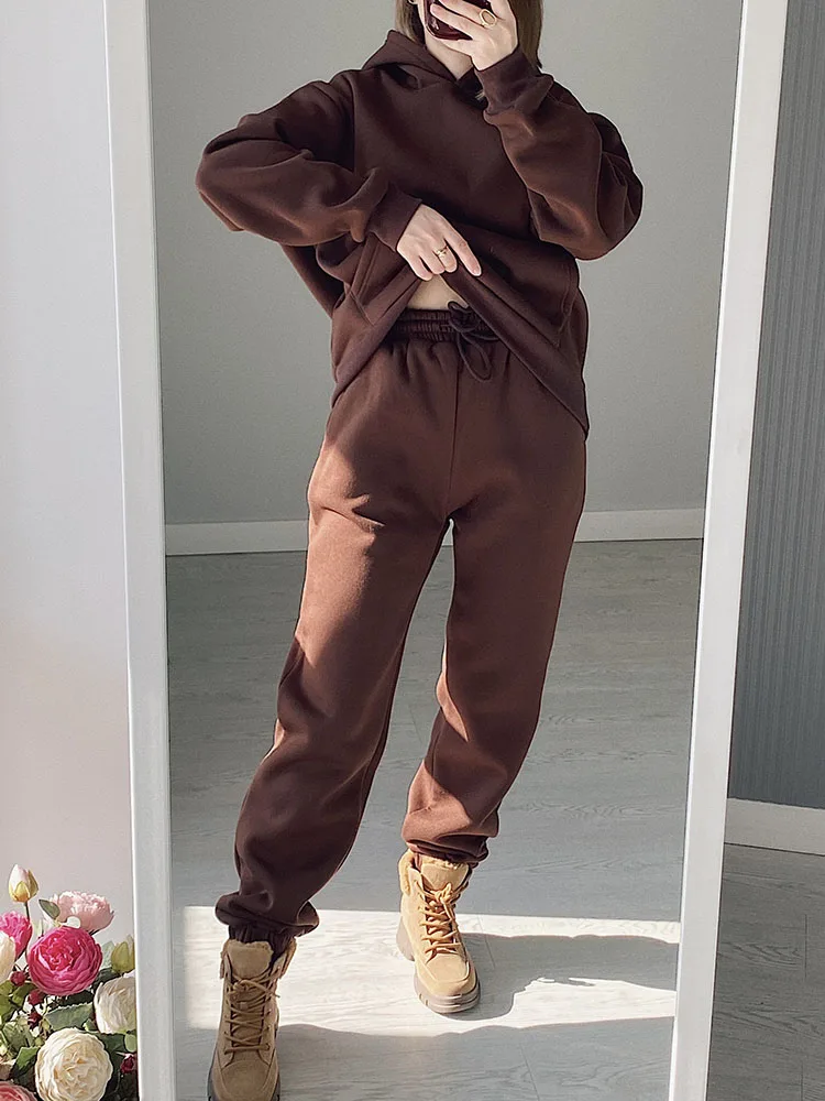 Gray Warm Fleece Suit For Women Winter Thick Velvet Pants Sets Sweatpants Sweatshirt Ladies Warrn Tracksuit Women Two Piece Set