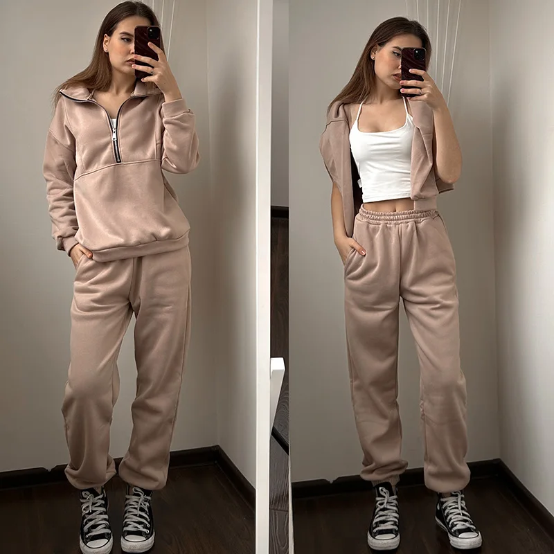 Gray Warm Fleece Suit For Women Winter Thick Velvet Pants Sets Sweatpants Sweatshirt Ladies Warrn Tracksuit Women Two Piece Set