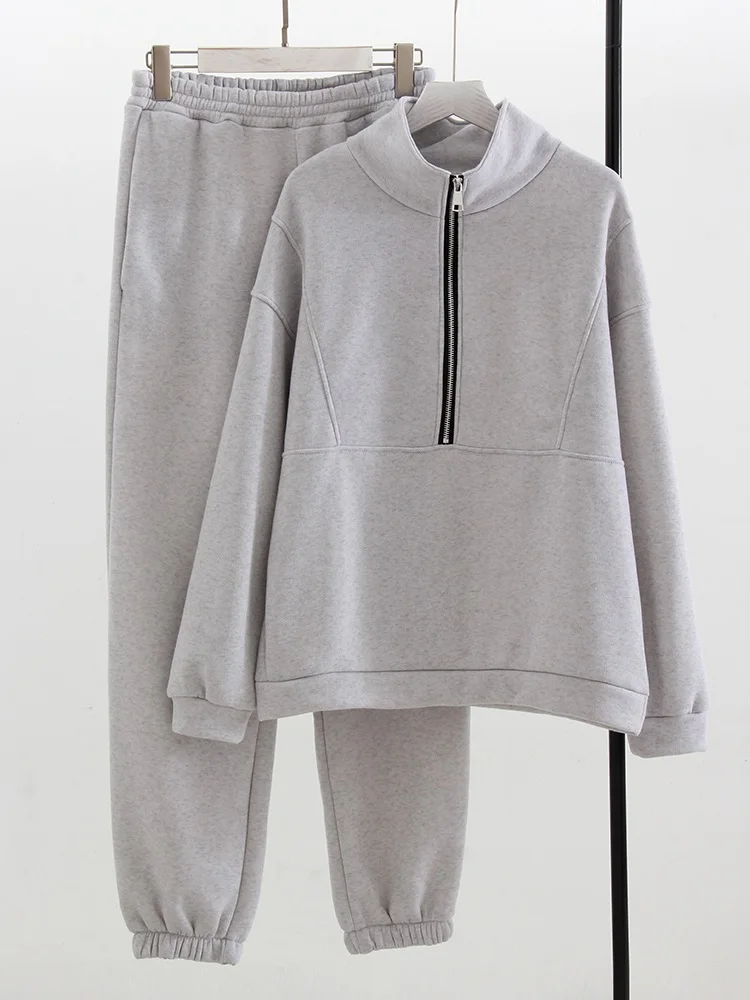 Gray Warm Fleece Suit For Women Winter Thick Velvet Pants Sets Sweatpants Sweatshirt Ladies Warrn Tracksuit Women Two Piece Set