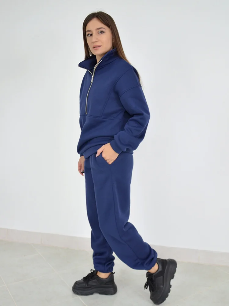 Gray Warm Fleece Suit For Women Winter Thick Velvet Pants Sets Sweatpants Sweatshirt Ladies Warrn Tracksuit Women Two Piece Set