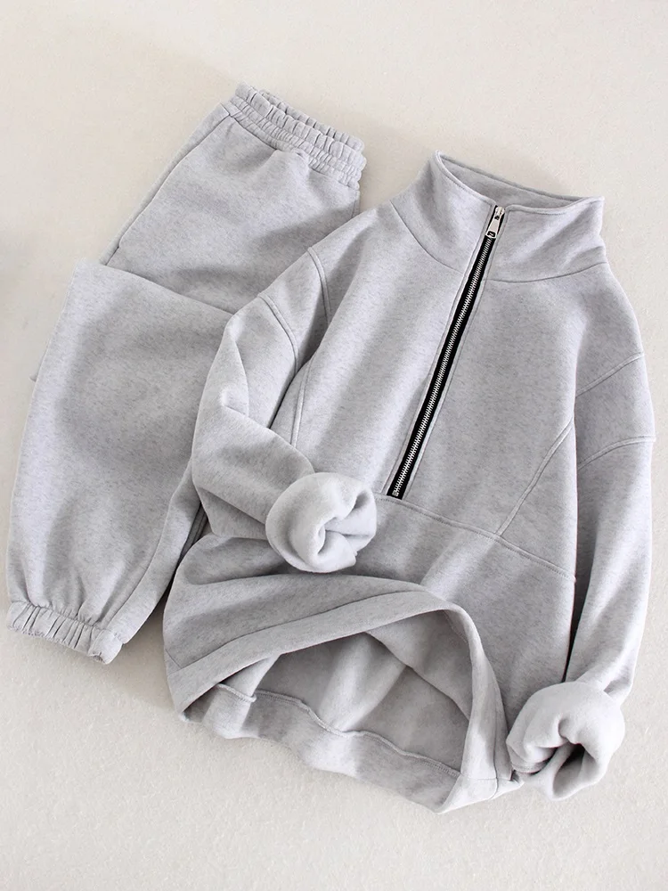 Gray Warm Fleece Suit For Women Winter Thick Velvet Pants Sets Sweatpants Sweatshirt Ladies Warrn Tracksuit Women Two Piece Set