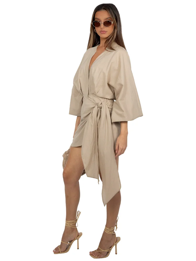 Wmstar Women Dress Summer Retro Solid Color Cotton Linen Long Sleeve Mid Length V Neck Loose Female Evening Party Slim Dresses