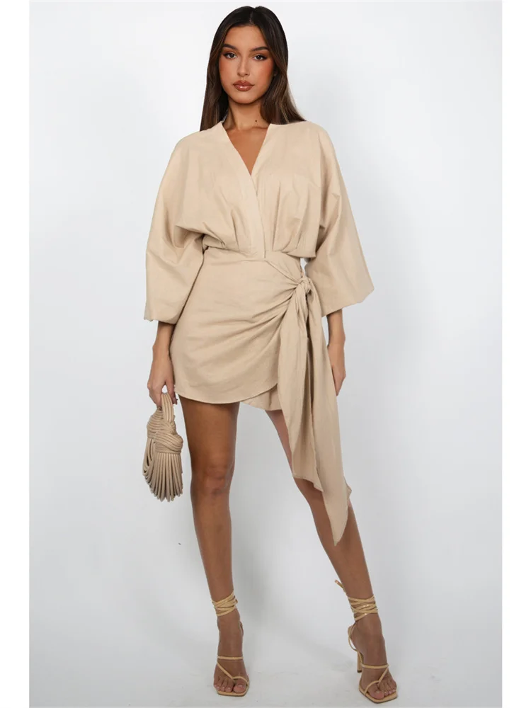 Wmstar Women Dress Summer Retro Solid Color Cotton Linen Long Sleeve Mid Length V Neck Loose Female Evening Party Slim Dresses
