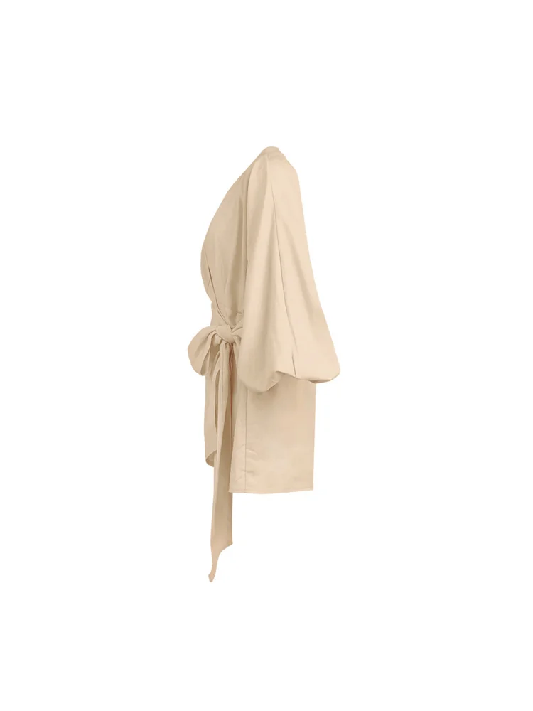 Wmstar Women Dress Summer Retro Solid Color Cotton Linen Long Sleeve Mid Length V Neck Loose Female Evening Party Slim Dresses