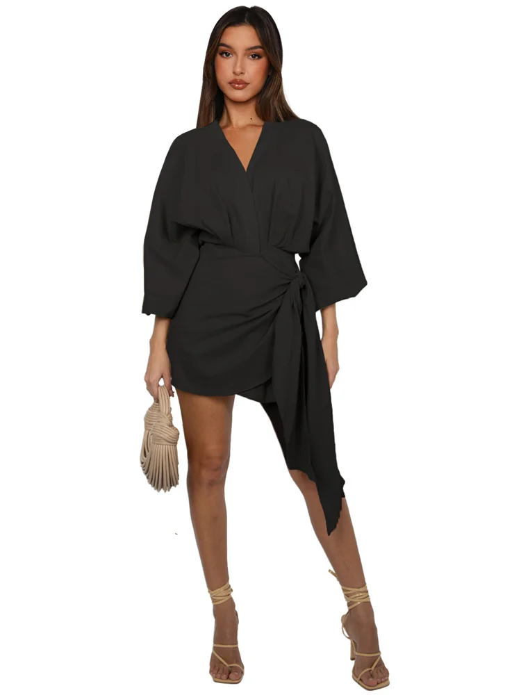 Wmstar Women Dress Summer Retro Solid Color Cotton Linen Long Sleeve Mid Length V Neck Loose Female Evening Party Slim Dresses