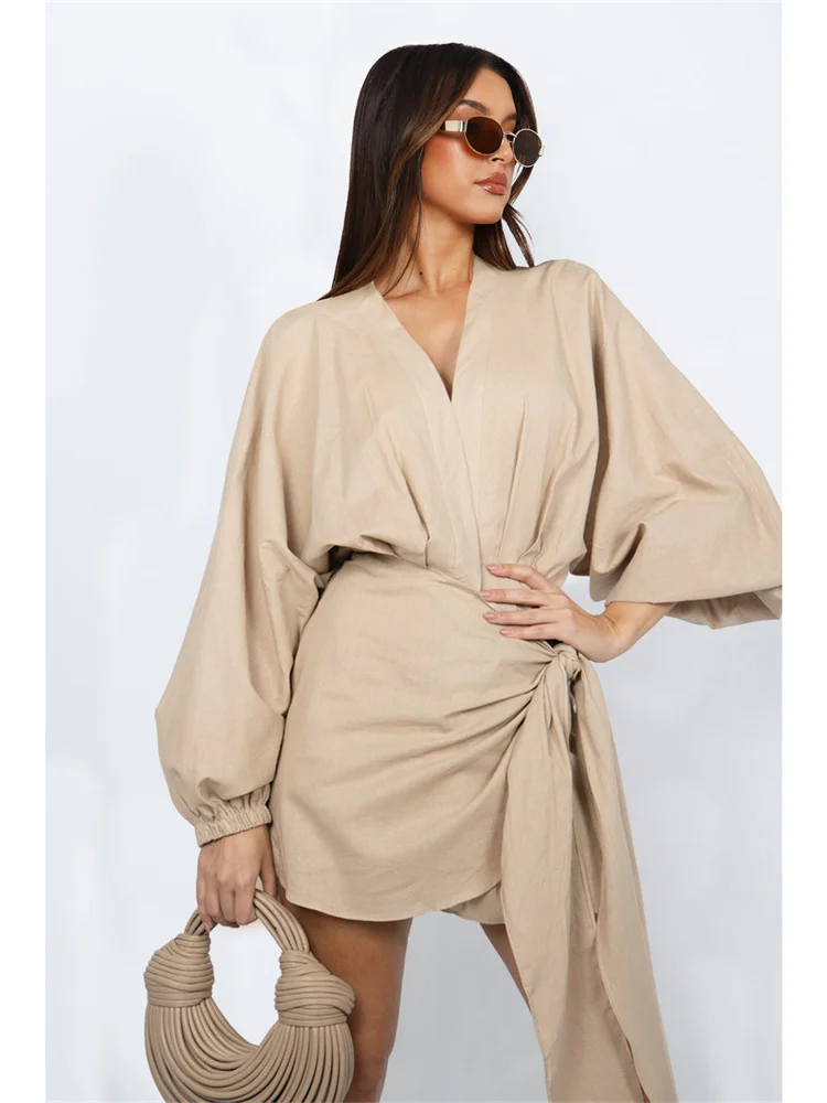 Wmstar Women Dress Summer Retro Solid Color Cotton Linen Long Sleeve Mid Length V Neck Loose Female Evening Party Slim Dresses