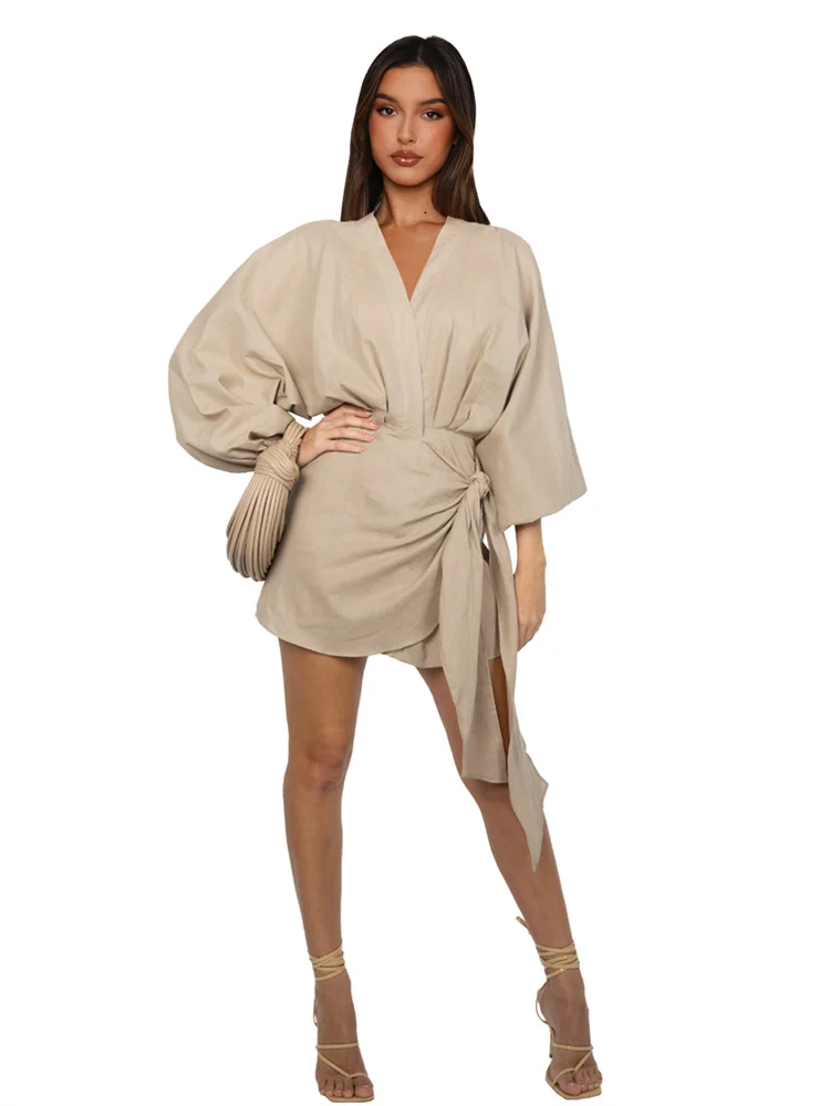 Wmstar Women Dress Summer Retro Solid Color Cotton Linen Long Sleeve Mid Length V Neck Loose Female Evening Party Slim Dresses