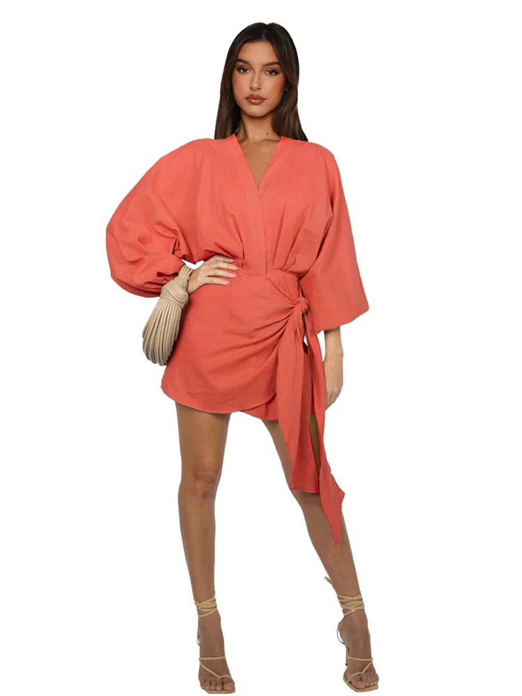 Wmstar Women Dress Summer Retro Solid Color Cotton Linen Long Sleeve Mid Length V Neck Loose Female Evening Party Slim Dresses