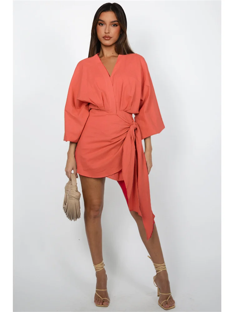 Wmstar Women Dress Summer Retro Solid Color Cotton Linen Long Sleeve Mid Length V Neck Loose Female Evening Party Slim Dresses