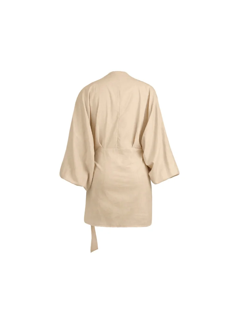 Wmstar Women Dress Summer Retro Solid Color Cotton Linen Long Sleeve Mid Length V Neck Loose Female Evening Party Slim Dresses