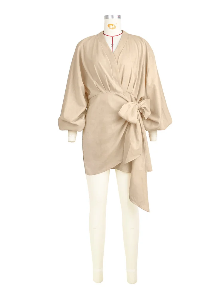 Wmstar Women Dress Summer Retro Solid Color Cotton Linen Long Sleeve Mid Length V Neck Loose Female Evening Party Slim Dresses