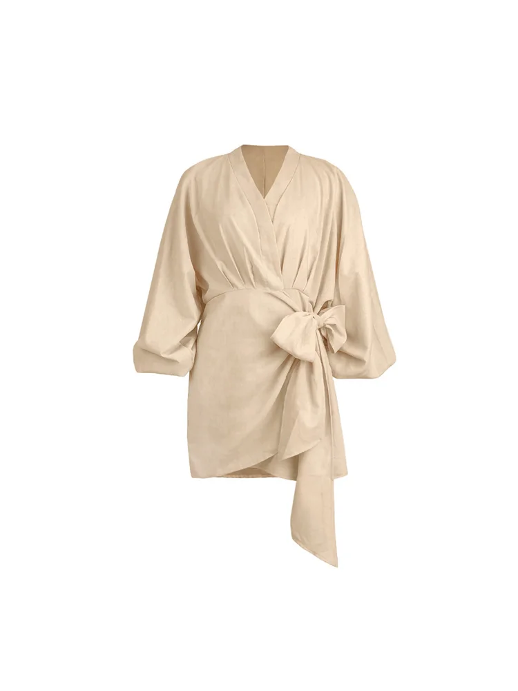 Wmstar Women Dress Summer Retro Solid Color Cotton Linen Long Sleeve Mid Length V Neck Loose Female Evening Party Slim Dresses