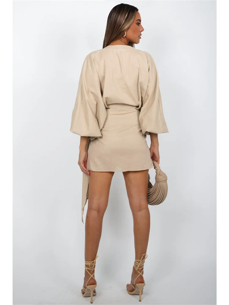 Wmstar Women Dress Summer Retro Solid Color Cotton Linen Long Sleeve Mid Length V Neck Loose Female Evening Party Slim Dresses