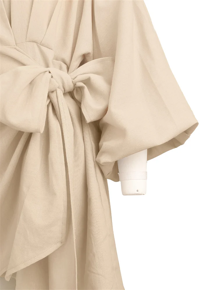 Wmstar Women Dress Summer Retro Solid Color Cotton Linen Long Sleeve Mid Length V Neck Loose Female Evening Party Slim Dresses