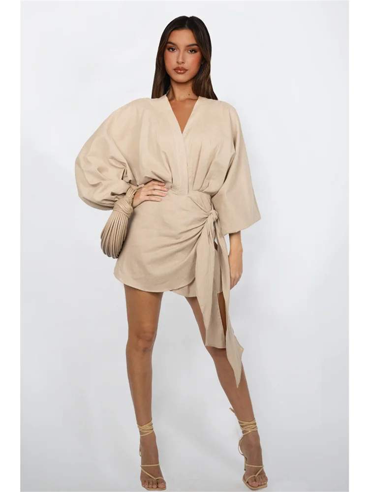 Wmstar Women Dress Summer Retro Solid Color Cotton Linen Long Sleeve Mid Length V Neck Loose Female Evening Party Slim Dresses