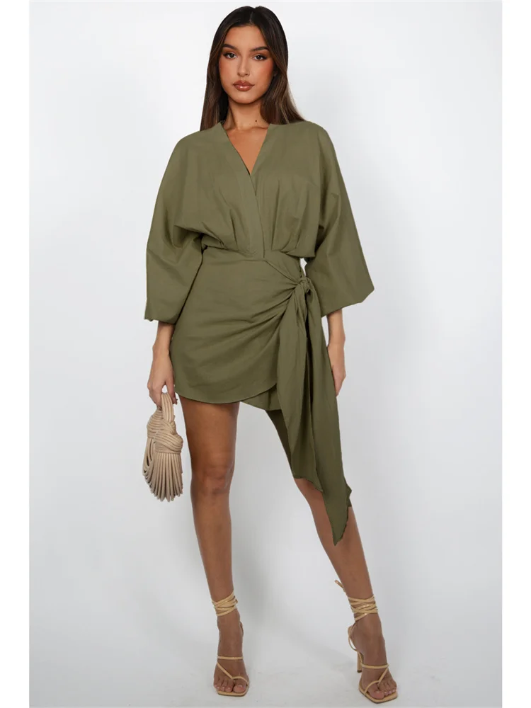 Wmstar Women Dress Summer Retro Solid Color Cotton Linen Long Sleeve Mid Length V Neck Loose Female Evening Party Slim Dresses