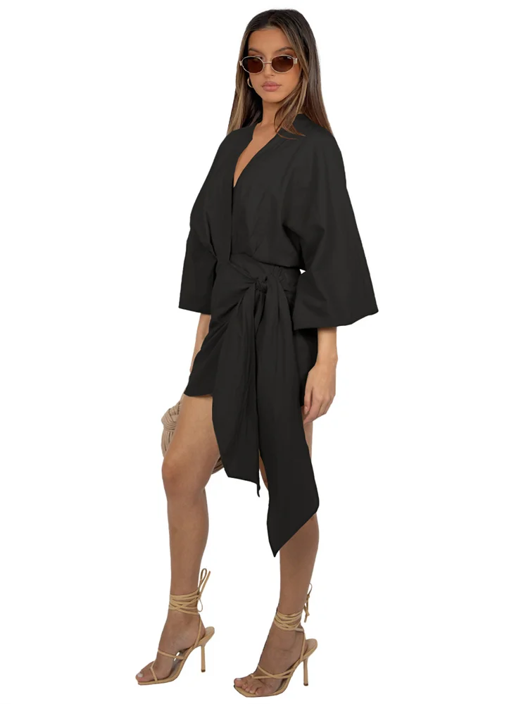 Wmstar Women Dress Summer Retro Solid Color Cotton Linen Long Sleeve Mid Length V Neck Loose Female Evening Party Slim Dresses