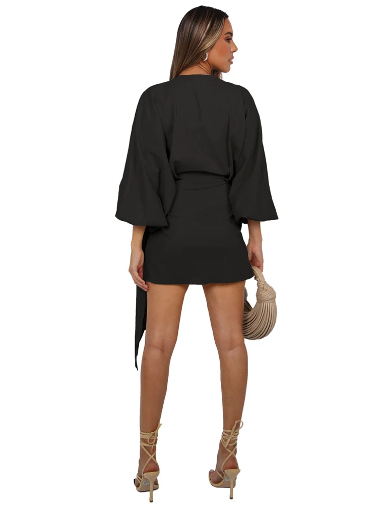 Wmstar Women Dress Summer Retro Solid Color Cotton Linen Long Sleeve Mid Length V Neck Loose Female Evening Party Slim Dresses