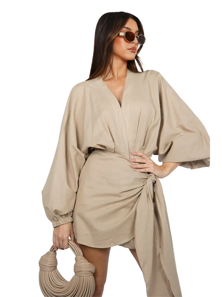 Wmstar Women Dress Summer Retro Solid Color Cotton Linen Long Sleeve Mid Length V Neck Loose Female Evening Party Slim Dresses
