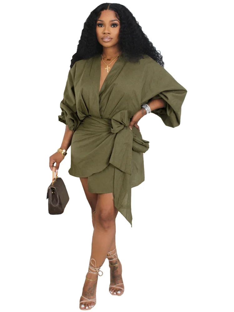 Wmstar Women Dress Summer Retro Solid Color Cotton Linen Long Sleeve Mid Length V Neck Loose Female Evening Party Slim Dresses