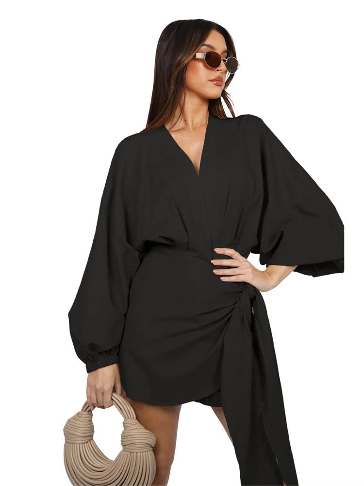 Wmstar Women Dress Summer Retro Solid Color Cotton Linen Long Sleeve Mid Length V Neck Loose Female Evening Party Slim Dresses