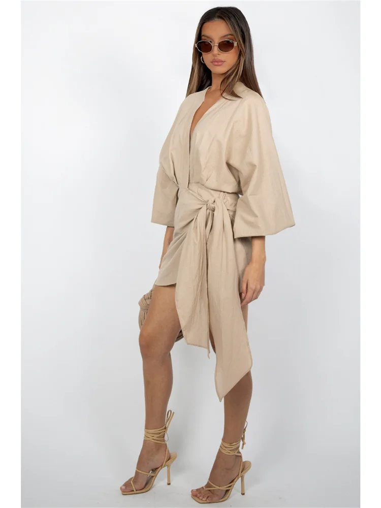 Wmstar Women Dress Summer Retro Solid Color Cotton Linen Long Sleeve Mid Length V Neck Loose Female Evening Party Slim Dresses