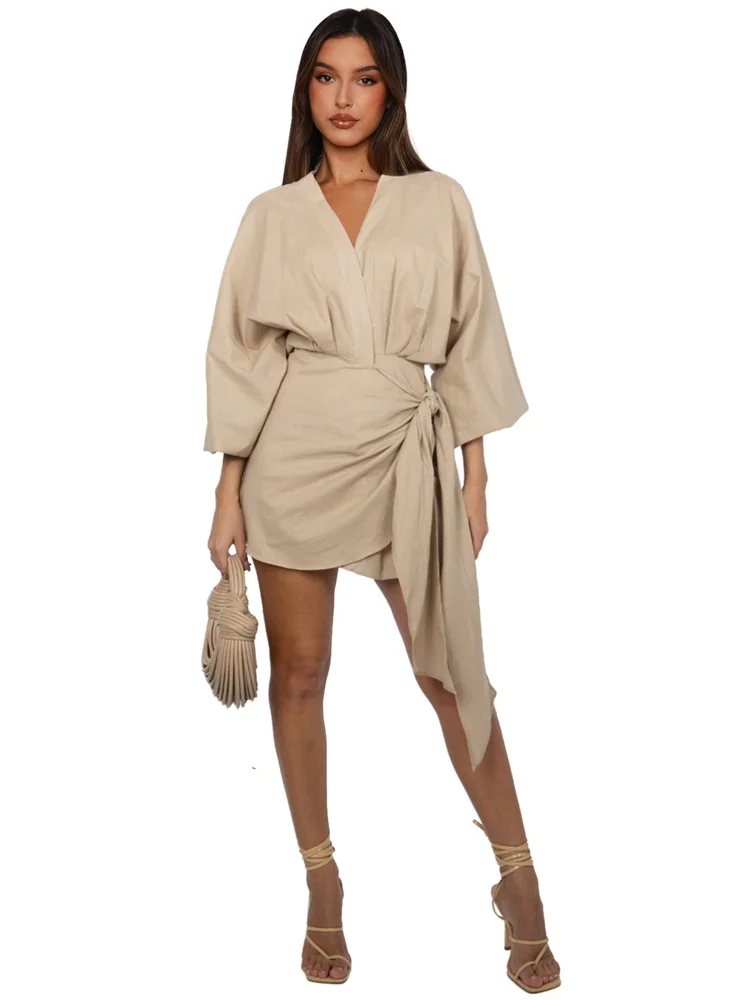 Wmstar Women Dress Summer Retro Solid Color Cotton Linen Long Sleeve Mid Length V Neck Loose Female Evening Party Slim Dresses