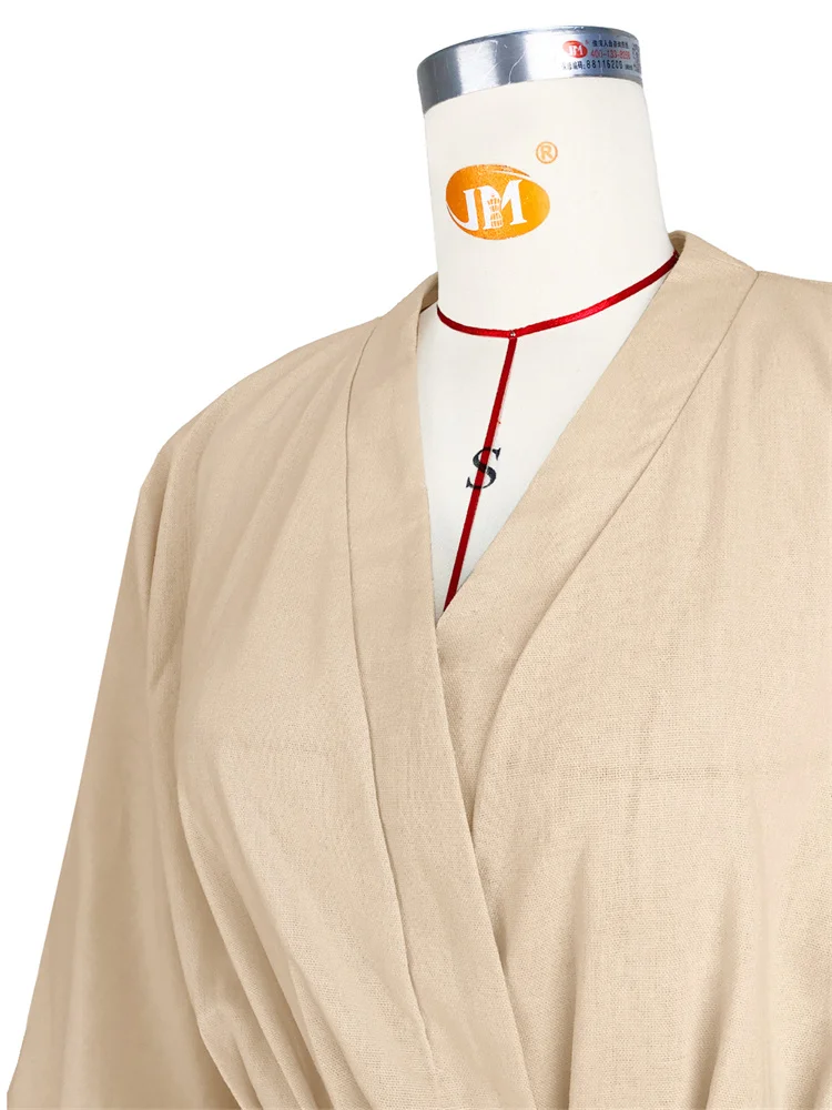 Wmstar Women Dress Summer Retro Solid Color Cotton Linen Long Sleeve Mid Length V Neck Loose Female Evening Party Slim Dresses