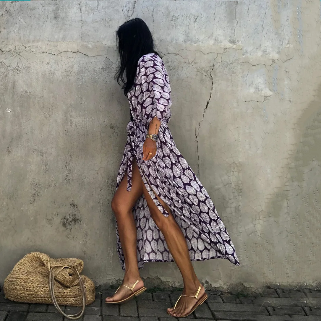 Beach Dress Tunic Cover up Embroidery Kaftan Saida de Praia Women Bikini Cover-up Pareo Sarong Beachwear