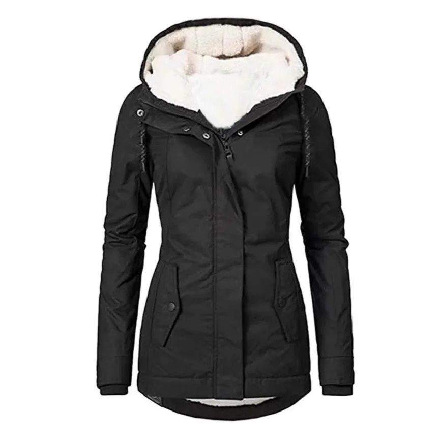 2025 New Women's Hooded Jacket Winter Warmth Thickened Fleece Jacket Solid Color Casual Fit Commuting & Outings