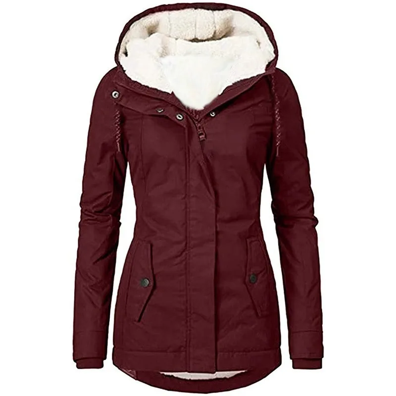 2025 New Women's Hooded Jacket Winter Warmth Thickened Fleece Jacket Solid Color Casual Fit Commuting & Outings