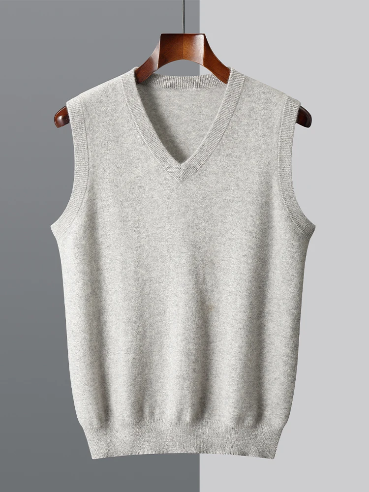 Men Wool V-neck Sweater Vest Pullover Autumn Winter Basic Casual Cashmere 100% Merino Wool Knitted Soft Sleeveless Waistcoat Top