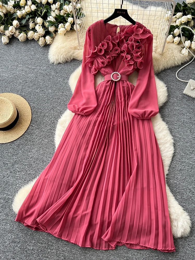 2026 Spring Autumn Fashion Elegant Dress for Women New French Mushroom Edge Crimping Loose Chiffon Long Sleeve Long Dress C141