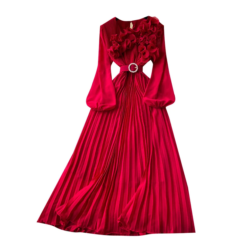 2026 Spring Autumn Fashion Elegant Dress for Women New French Mushroom Edge Crimping Loose Chiffon Long Sleeve Long Dress C141