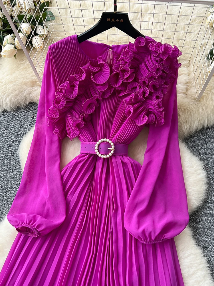 2026 Spring Autumn Fashion Elegant Dress for Women New French Mushroom Edge Crimping Loose Chiffon Long Sleeve Long Dress C141