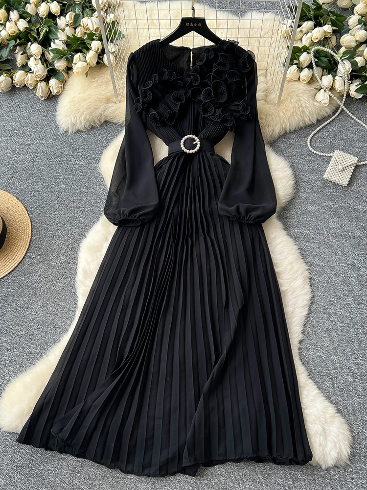 2026 Spring Autumn Fashion Elegant Dress for Women New French Mushroom Edge Crimping Loose Chiffon Long Sleeve Long Dress C141