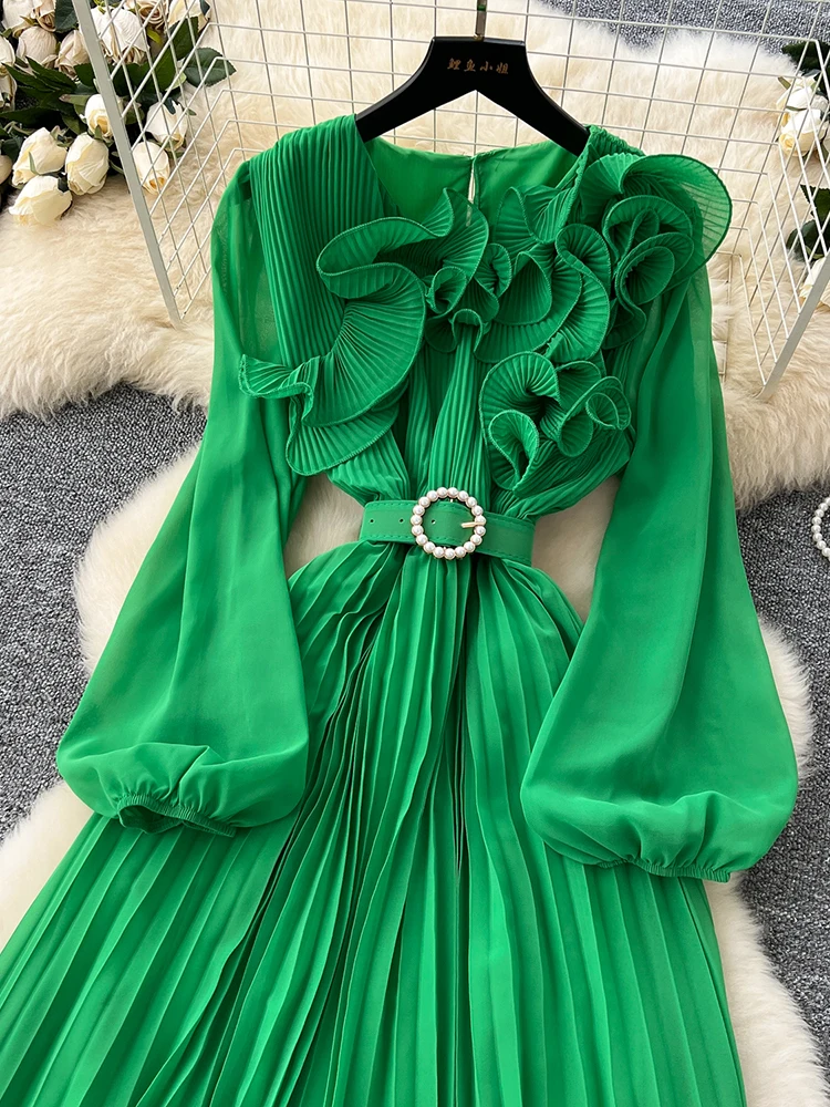 2026 Spring Autumn Fashion Elegant Dress for Women New French Mushroom Edge Crimping Loose Chiffon Long Sleeve Long Dress C141