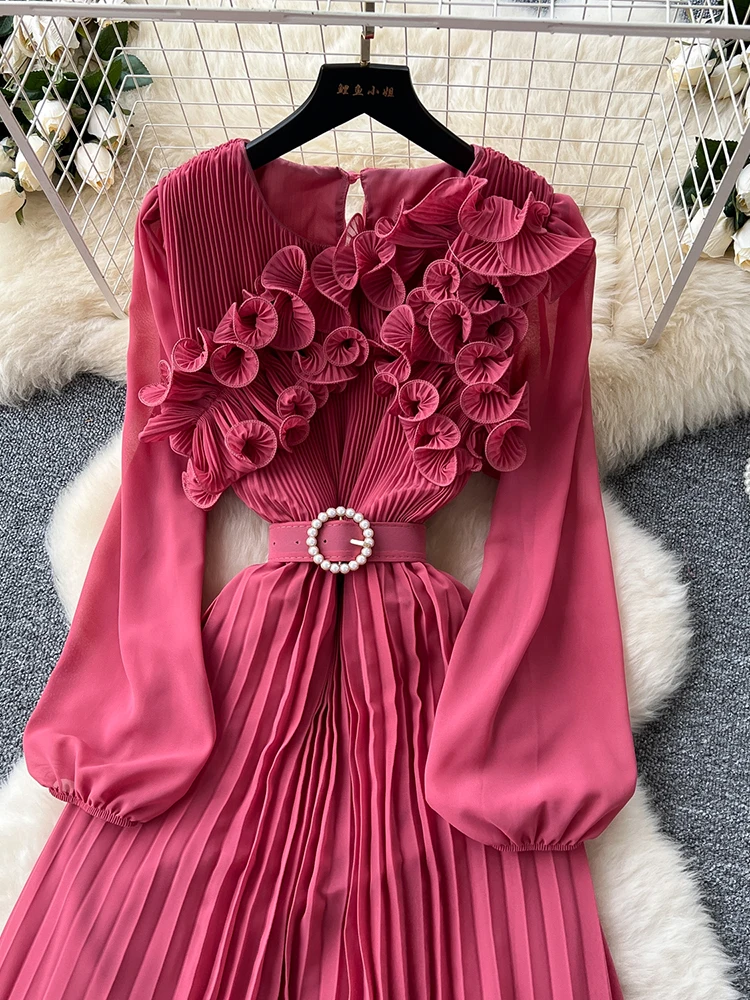 2026 Spring Autumn Fashion Elegant Dress for Women New French Mushroom Edge Crimping Loose Chiffon Long Sleeve Long Dress C141
