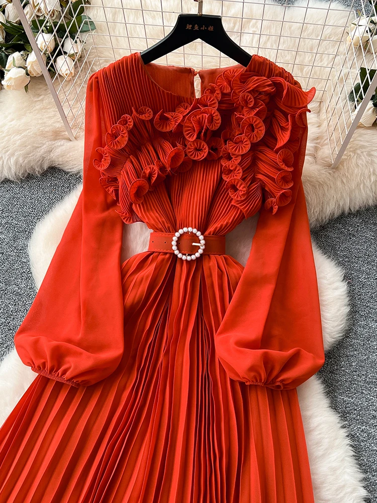 2026 Spring Autumn Fashion Elegant Dress for Women New French Mushroom Edge Crimping Loose Chiffon Long Sleeve Long Dress C141