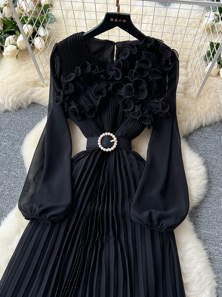 2026 Spring Autumn Fashion Elegant Dress for Women New French Mushroom Edge Crimping Loose Chiffon Long Sleeve Long Dress C141